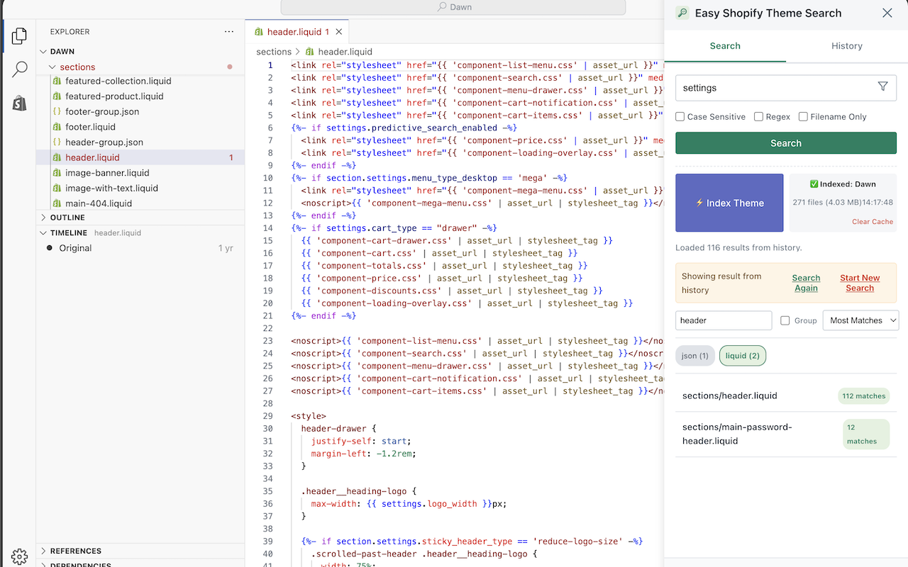 Easy Shopify Theme Search Interface showing search results